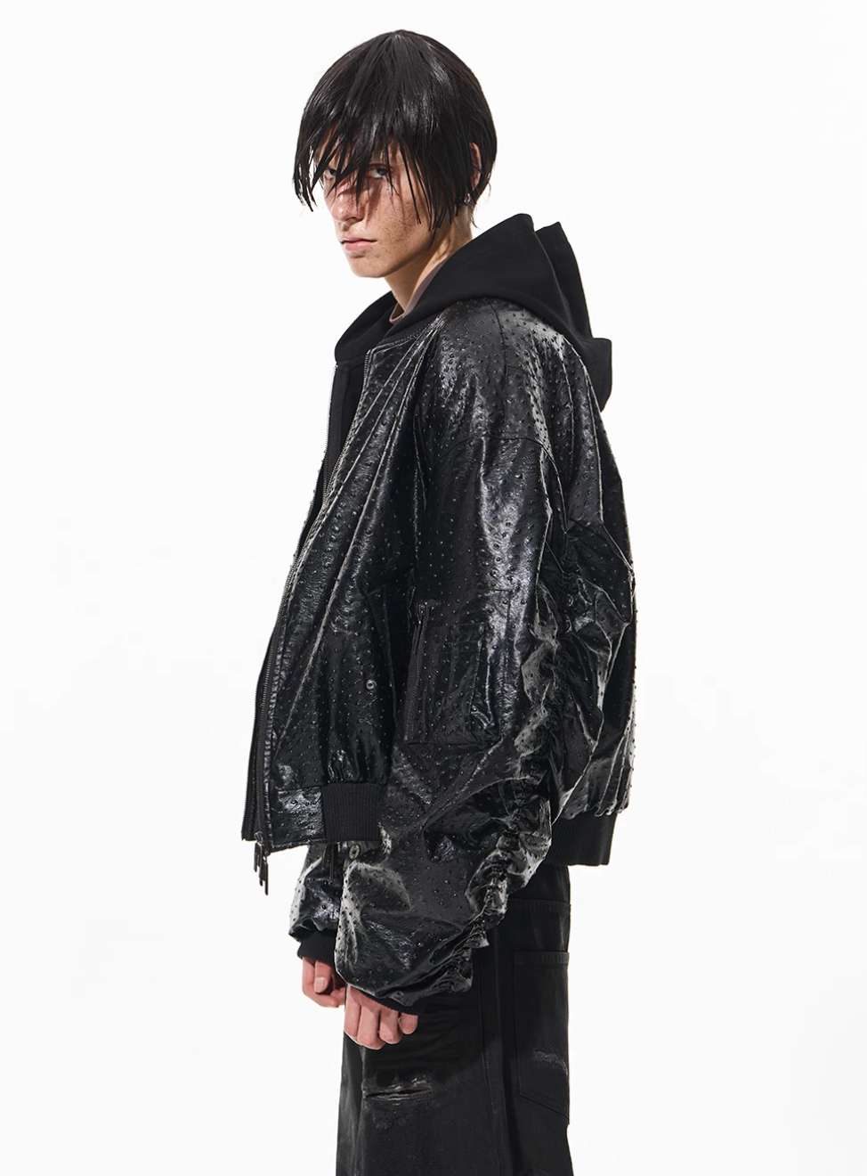 BLIND NO PLAN Ostrich Leather Faux Two-Piece Hooded Bomber Jacket | Face 3 Face