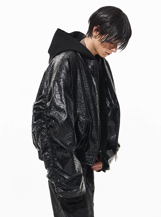 BLIND NO PLAN Ostrich Leather Faux Two-Piece Hooded Bomber Jacket | Face 3 Face