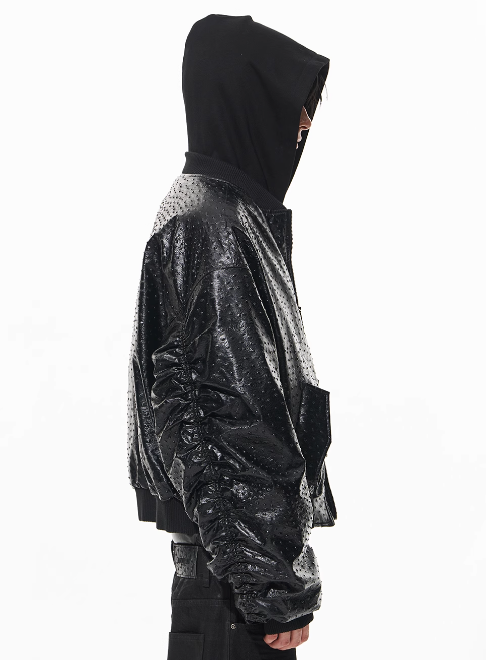 BLIND NO PLAN Ostrich Leather Faux Two-Piece Hooded Bomber Jacket | Face 3 Face