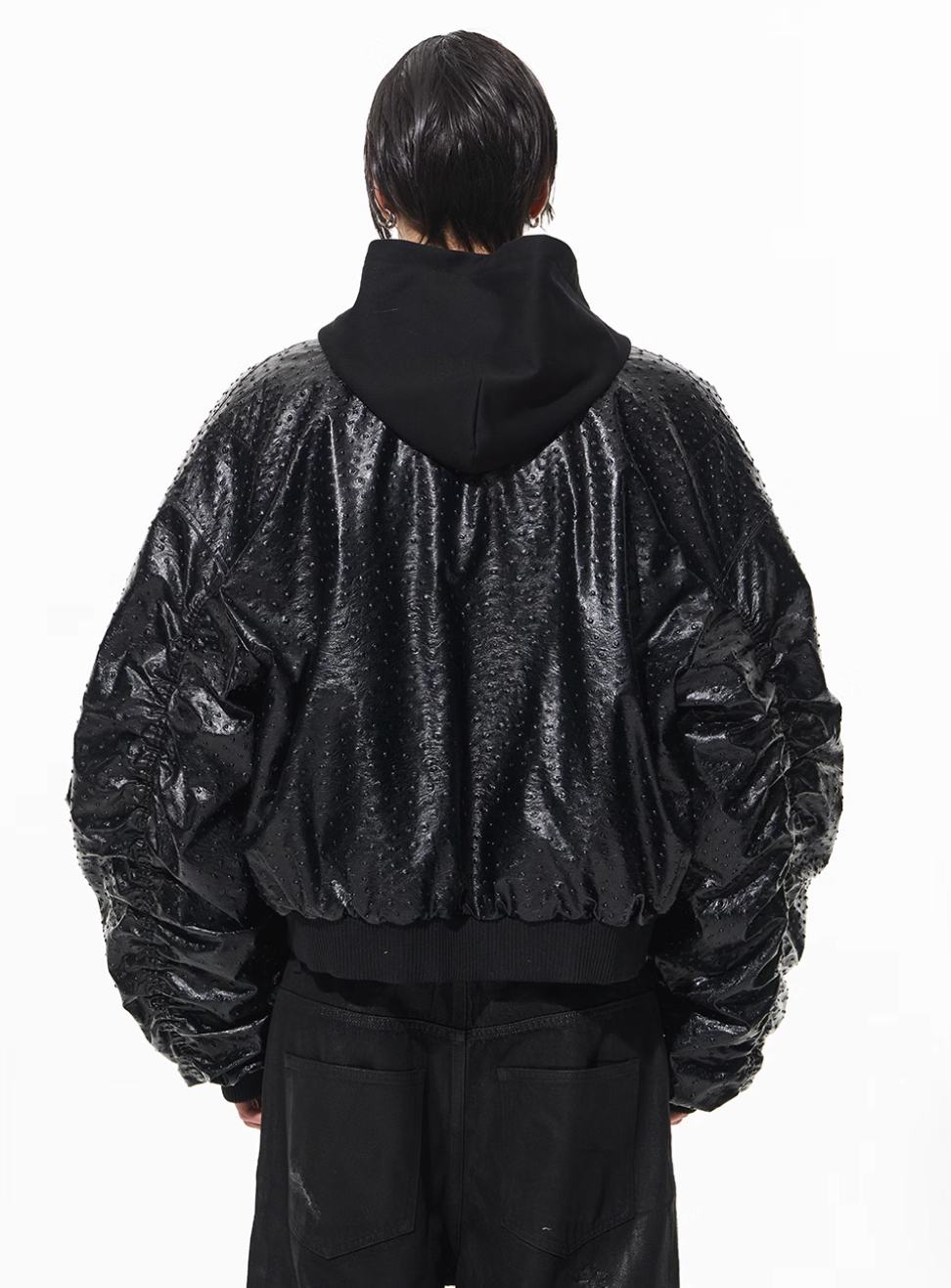 BLIND NO PLAN Ostrich Leather Faux Two-Piece Hooded Bomber Jacket | Face 3 Face