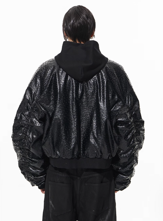 BLIND NO PLAN Ostrich Leather Faux Two-Piece Hooded Bomber Jacket | Face 3 Face