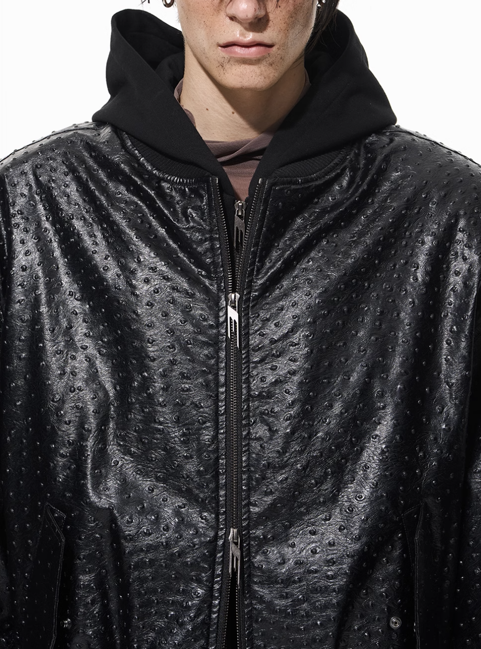 BLIND NO PLAN Ostrich Leather Faux Two-Piece Hooded Bomber Jacket | Face 3 Face