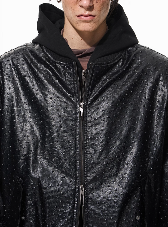 BLIND NO PLAN Ostrich Leather Faux Two-Piece Hooded Bomber Jacket | Face 3 Face