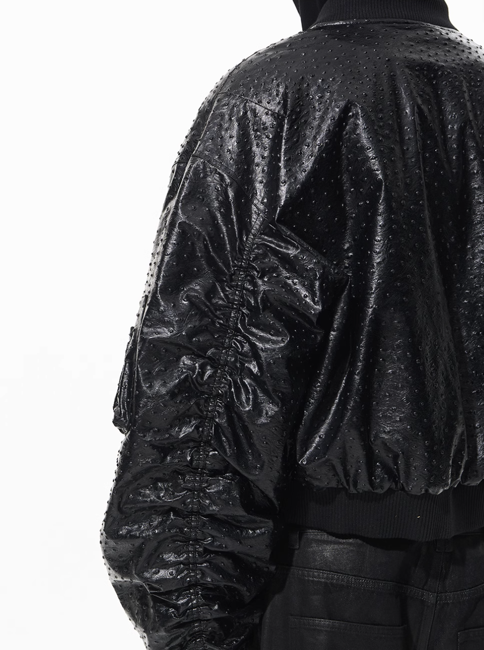 BLIND NO PLAN Ostrich Leather Faux Two-Piece Hooded Bomber Jacket | Face 3 Face