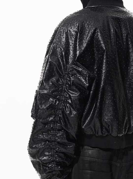 BLIND NO PLAN Ostrich Leather Faux Two-Piece Hooded Bomber Jacket | Face 3 Face