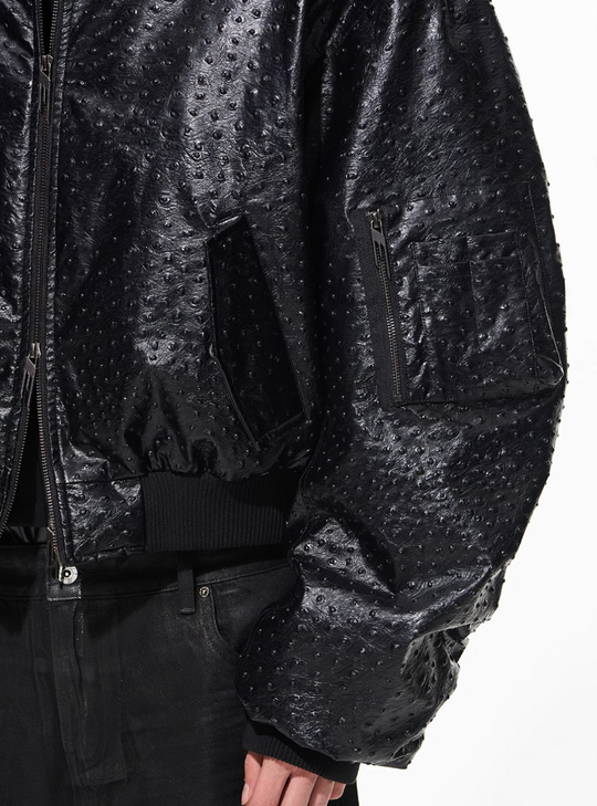 BLIND NO PLAN Ostrich Leather Faux Two-Piece Hooded Bomber Jacket | Face 3 Face