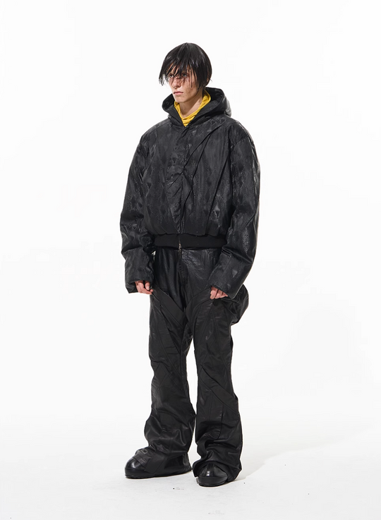 BLIND NO PLAN Snake-Texture Pleated Short Hooded Jacket | Face 3 Face