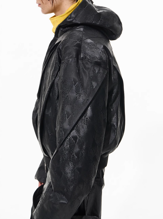 BLIND NO PLAN Snake-Texture Pleated Short Hooded Jacket | Face 3 Face