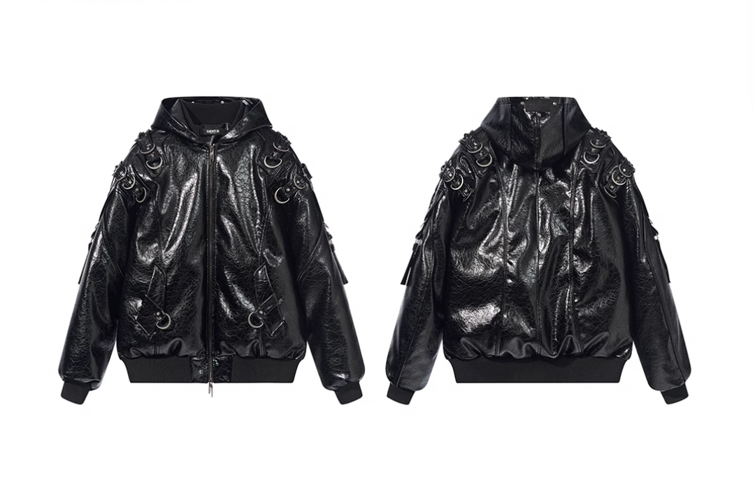 BLIND NO PLAN Metal-Decorated Hooded Leather Bomber Jacket | Face 3 Face