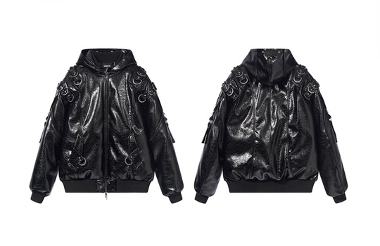 BLIND NO PLAN Metal-Decorated Hooded Leather Bomber Jacket | Face 3 Face