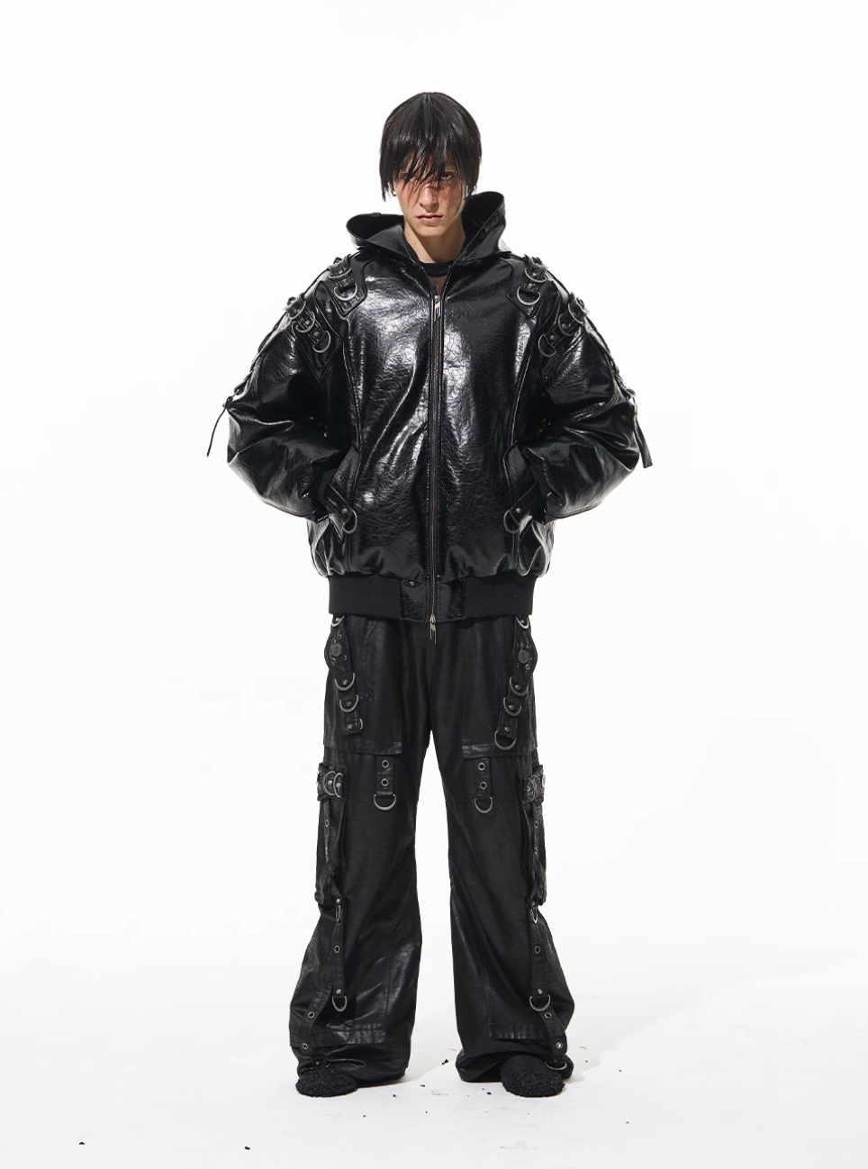 BLIND NO PLAN Metal-Decorated Hooded Leather Bomber Jacket | Face 3 Face