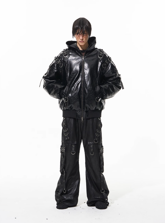 BLIND NO PLAN Metal-Decorated Hooded Leather Bomber Jacket | Face 3 Face