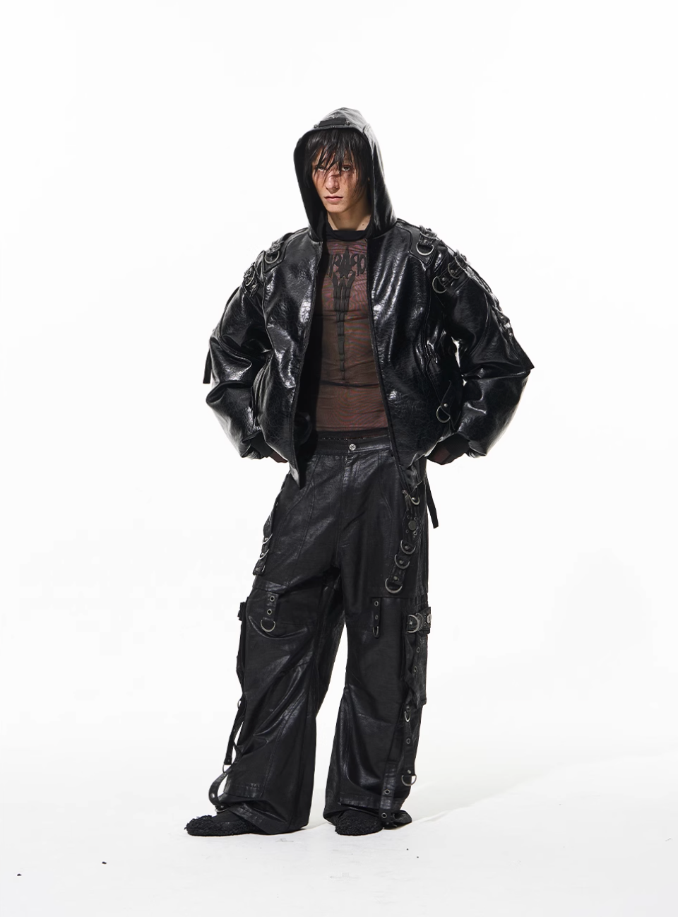 BLIND NO PLAN Metal-Decorated Hooded Leather Bomber Jacket | Face 3 Face