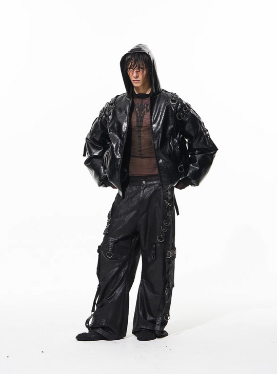 BLIND NO PLAN Metal-Decorated Hooded Leather Bomber Jacket | Face 3 Face