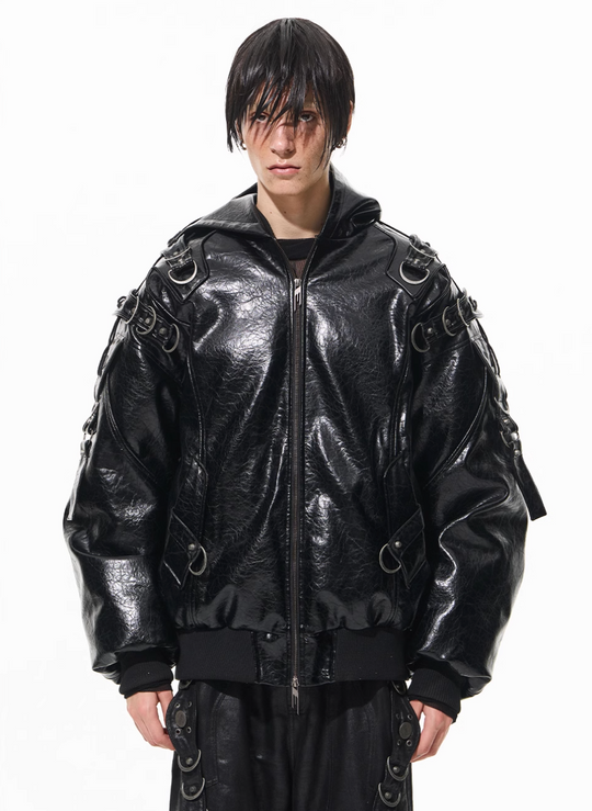 BLIND NO PLAN Metal-Decorated Hooded Leather Bomber Jacket | Face 3 Face