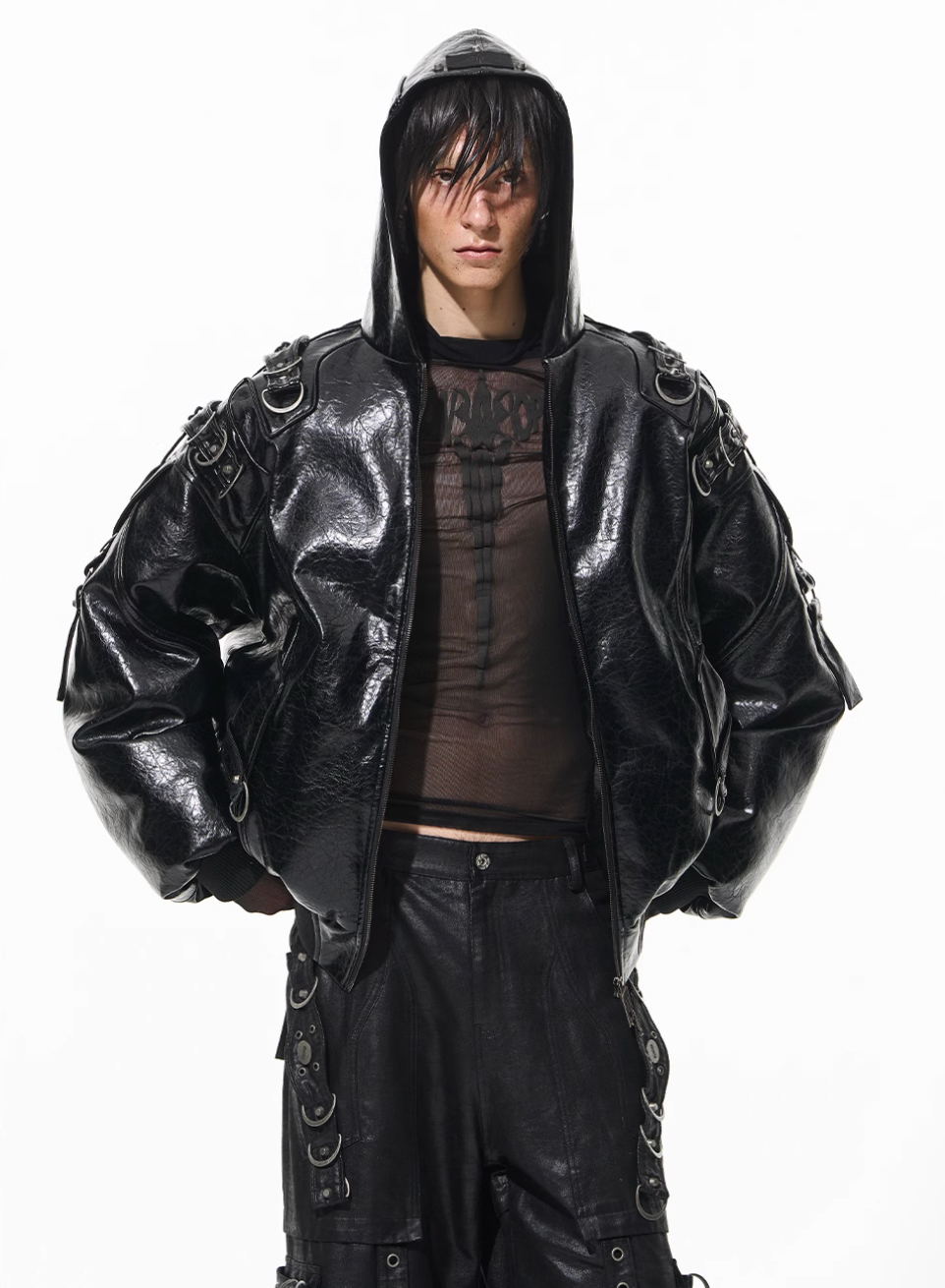 BLIND NO PLAN Metal-Decorated Hooded Leather Bomber Jacket | Face 3 Face