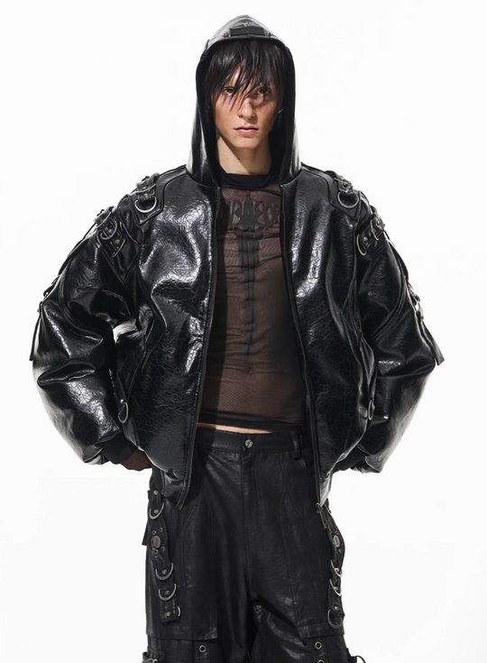 BLIND NO PLAN Metal-Decorated Hooded Leather Bomber Jacket | Face 3 Face