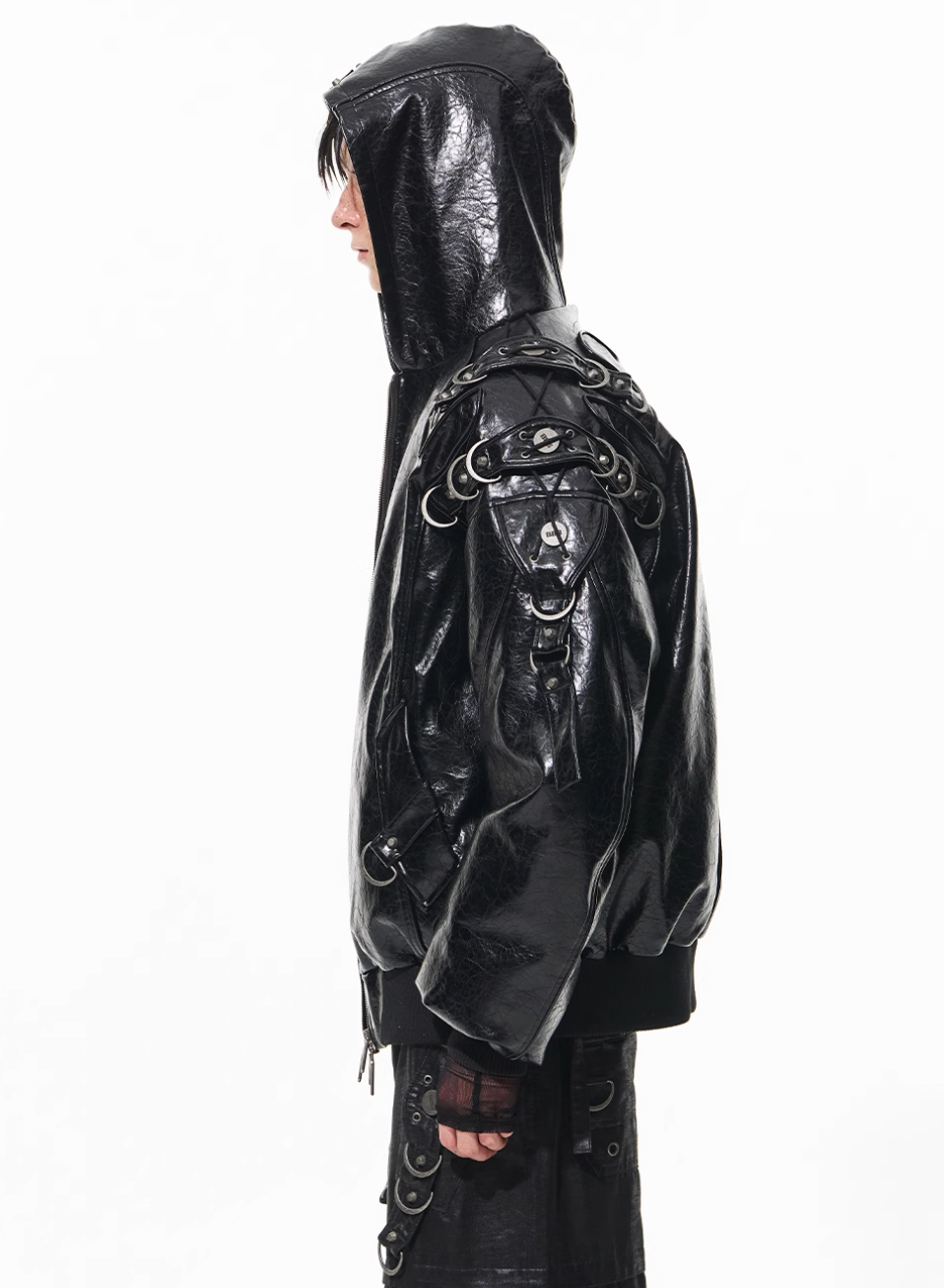 BLIND NO PLAN Metal-Decorated Hooded Leather Bomber Jacket | Face 3 Face
