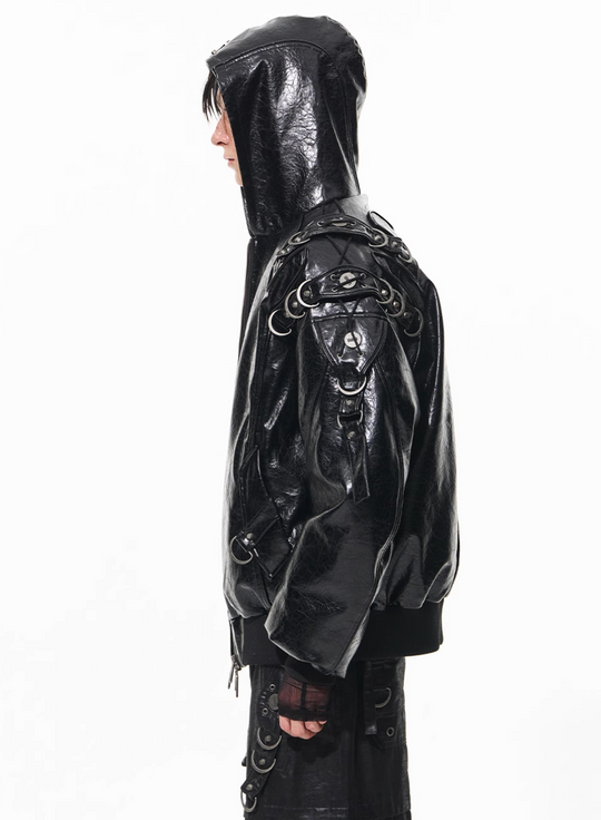 BLIND NO PLAN Metal-Decorated Hooded Leather Bomber Jacket | Face 3 Face