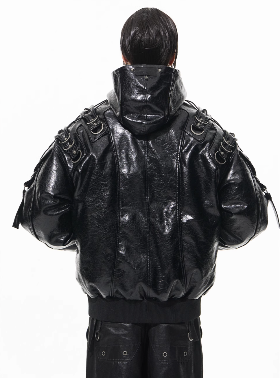 BLIND NO PLAN Metal-Decorated Hooded Leather Bomber Jacket | Face 3 Face
