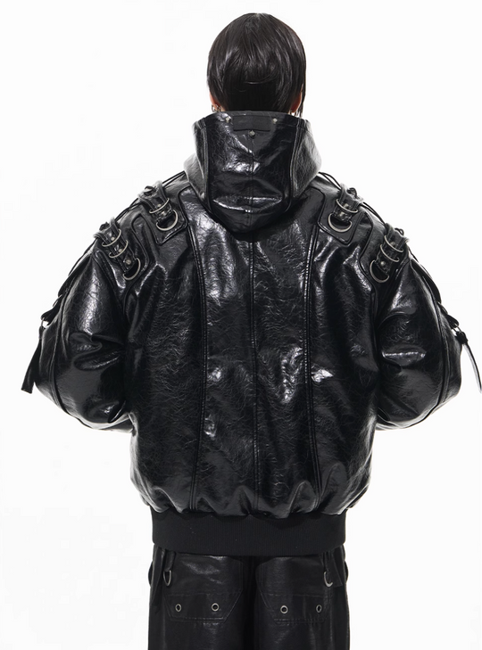 BLIND NO PLAN Metal-Decorated Hooded Leather Bomber Jacket | Face 3 Face