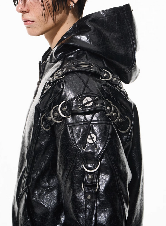 BLIND NO PLAN Metal-Decorated Hooded Leather Bomber Jacket | Face 3 Face