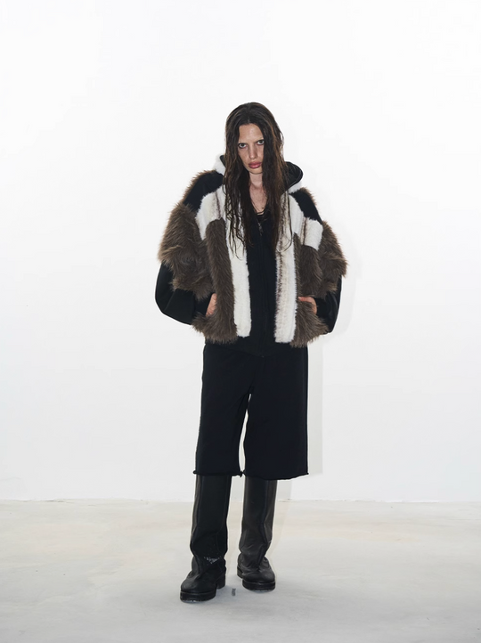 BLIND NO PLAN Colorblocked Hooded Fur Jacket | Face 3 Face