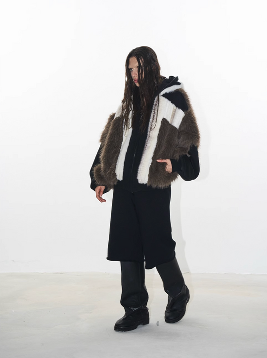 BLIND NO PLAN Colorblocked Hooded Fur Jacket | Face 3 Face