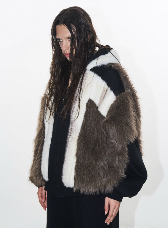 BLIND NO PLAN Colorblocked Hooded Fur Jacket | Face 3 Face