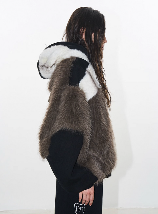 BLIND NO PLAN Colorblocked Hooded Fur Jacket | Face 3 Face