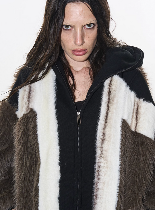 BLIND NO PLAN Colorblocked Hooded Fur Jacket | Face 3 Face