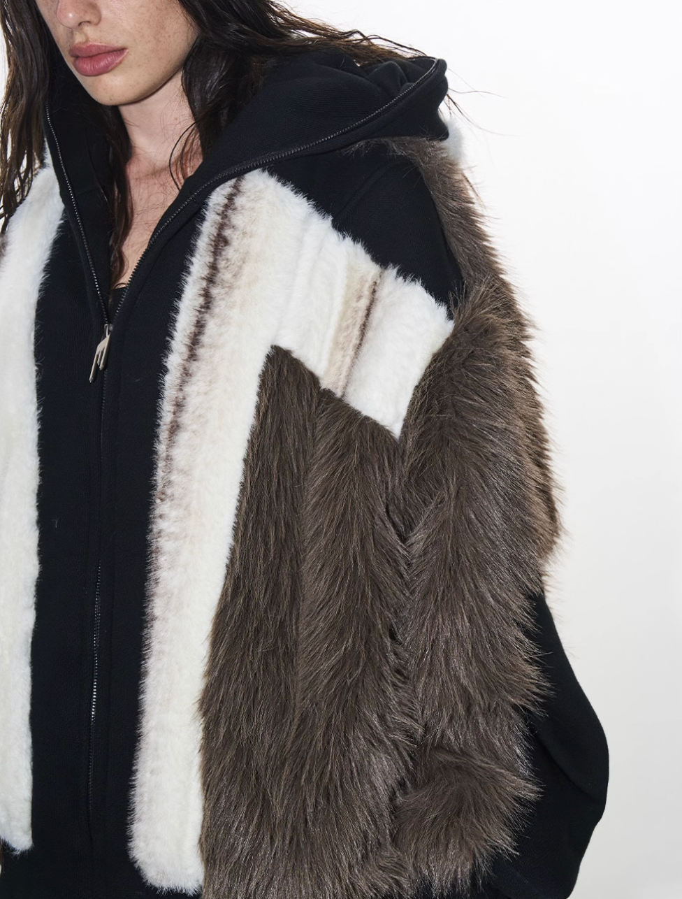 BLIND NO PLAN Colorblocked Hooded Fur Jacket | Face 3 Face