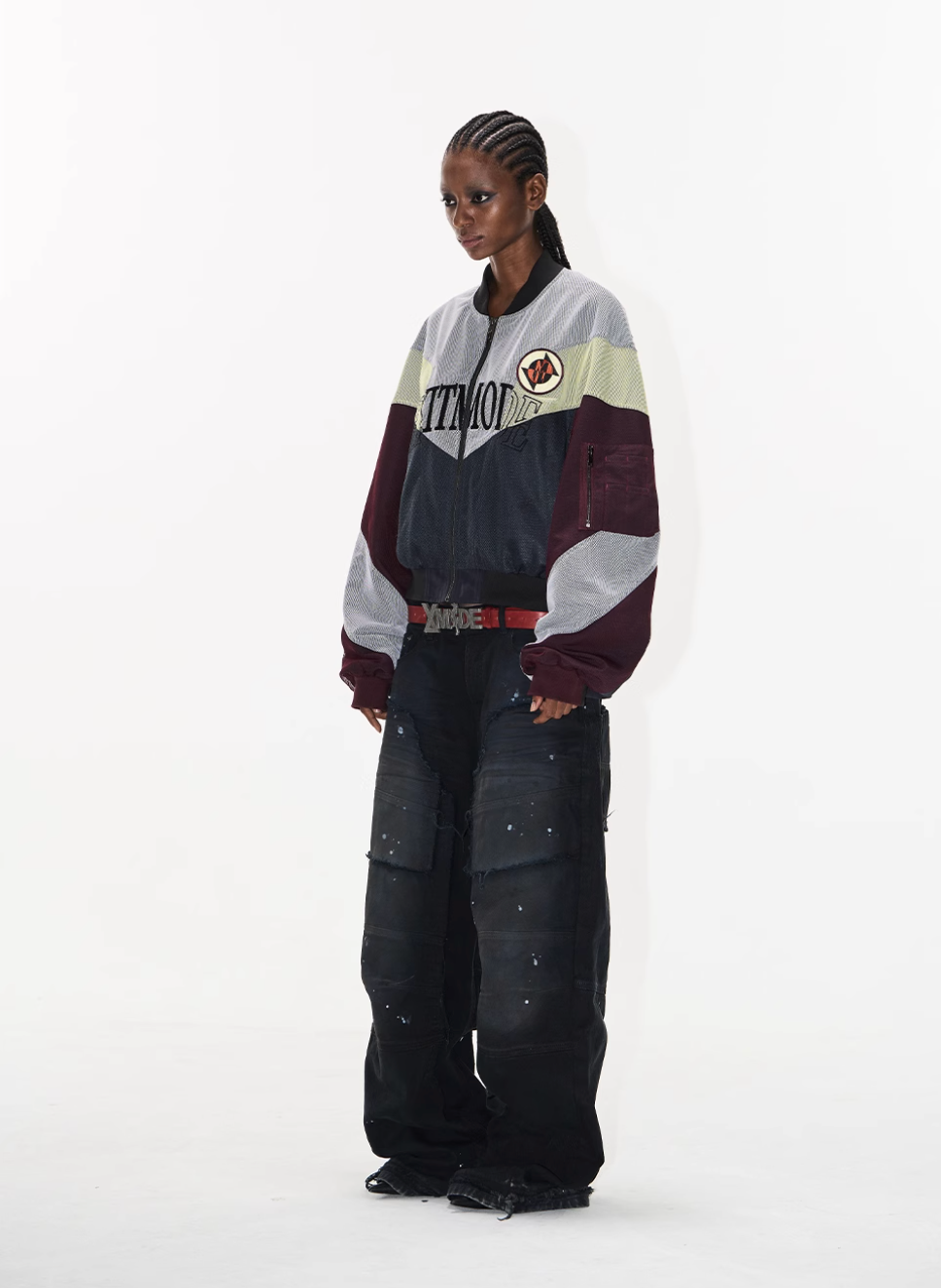 BLIND NO PLAN Mesh Double-Layer Contrast Badge MA-1 Jacket | Face 3 Face