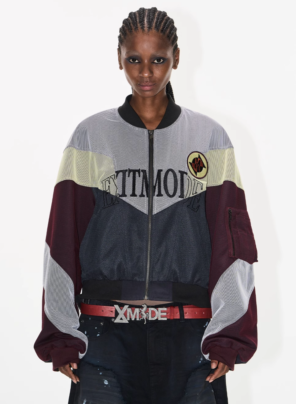 BLIND NO PLAN Mesh Double-Layer Contrast Badge MA-1 Jacket | Face 3 Face