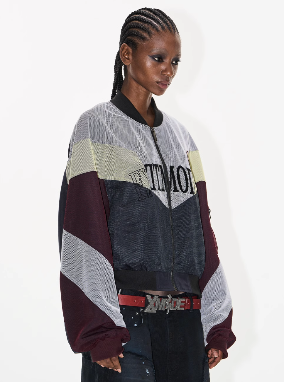 BLIND NO PLAN Mesh Double-Layer Contrast Badge MA-1 Jacket | Face 3 Face