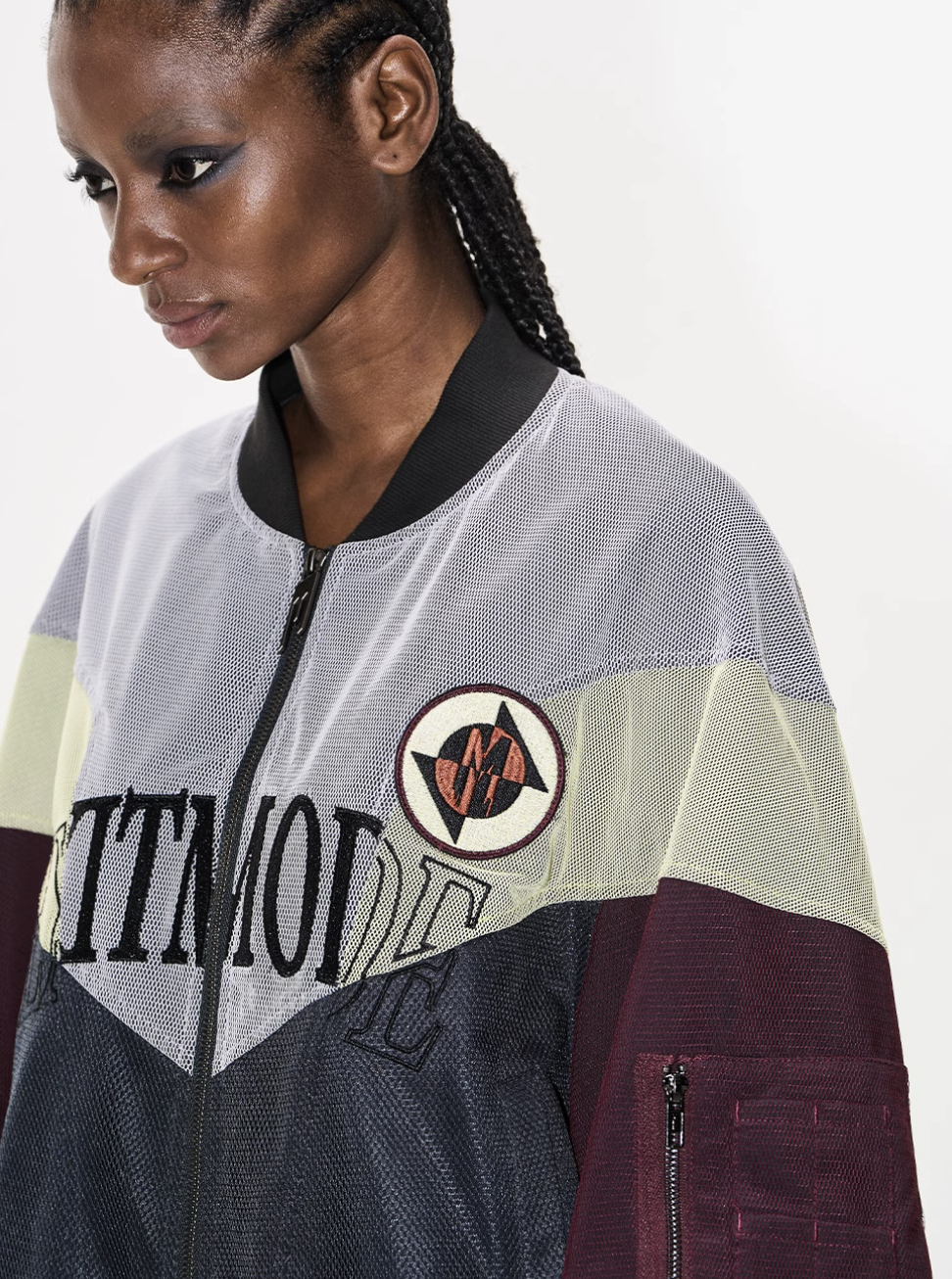 BLIND NO PLAN Mesh Double-Layer Contrast Badge MA-1 Jacket | Face 3 Face