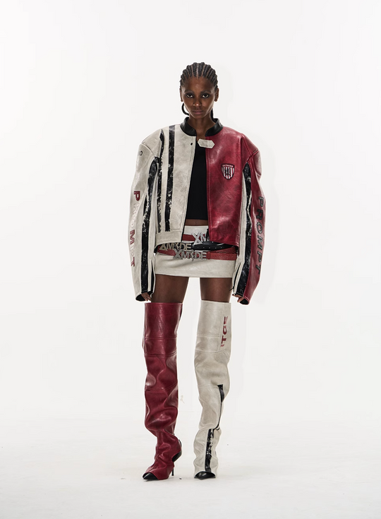 BLIND NO PLAN Distressed Leather Contrast Racing Jacket | Face 3 Face