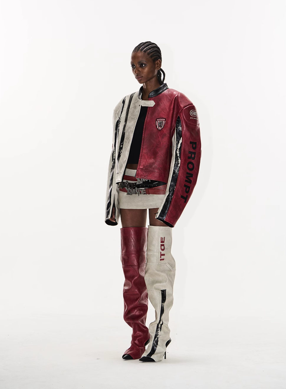 BLIND NO PLAN Distressed Leather Contrast Racing Jacket | Face 3 Face