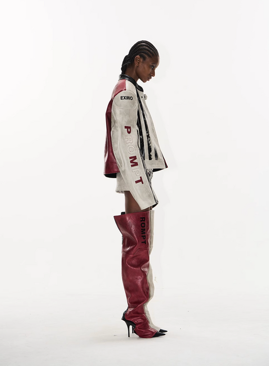 BLIND NO PLAN Distressed Leather Contrast Racing Jacket | Face 3 Face