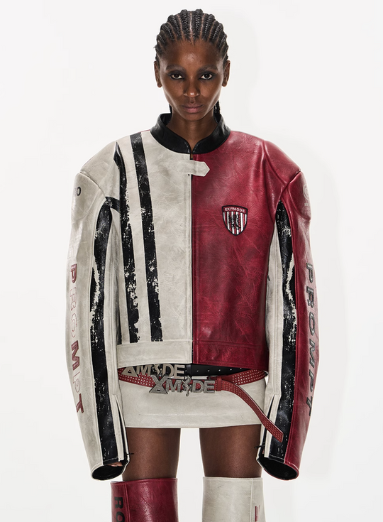 BLIND NO PLAN Distressed Leather Contrast Racing Jacket | Face 3 Face