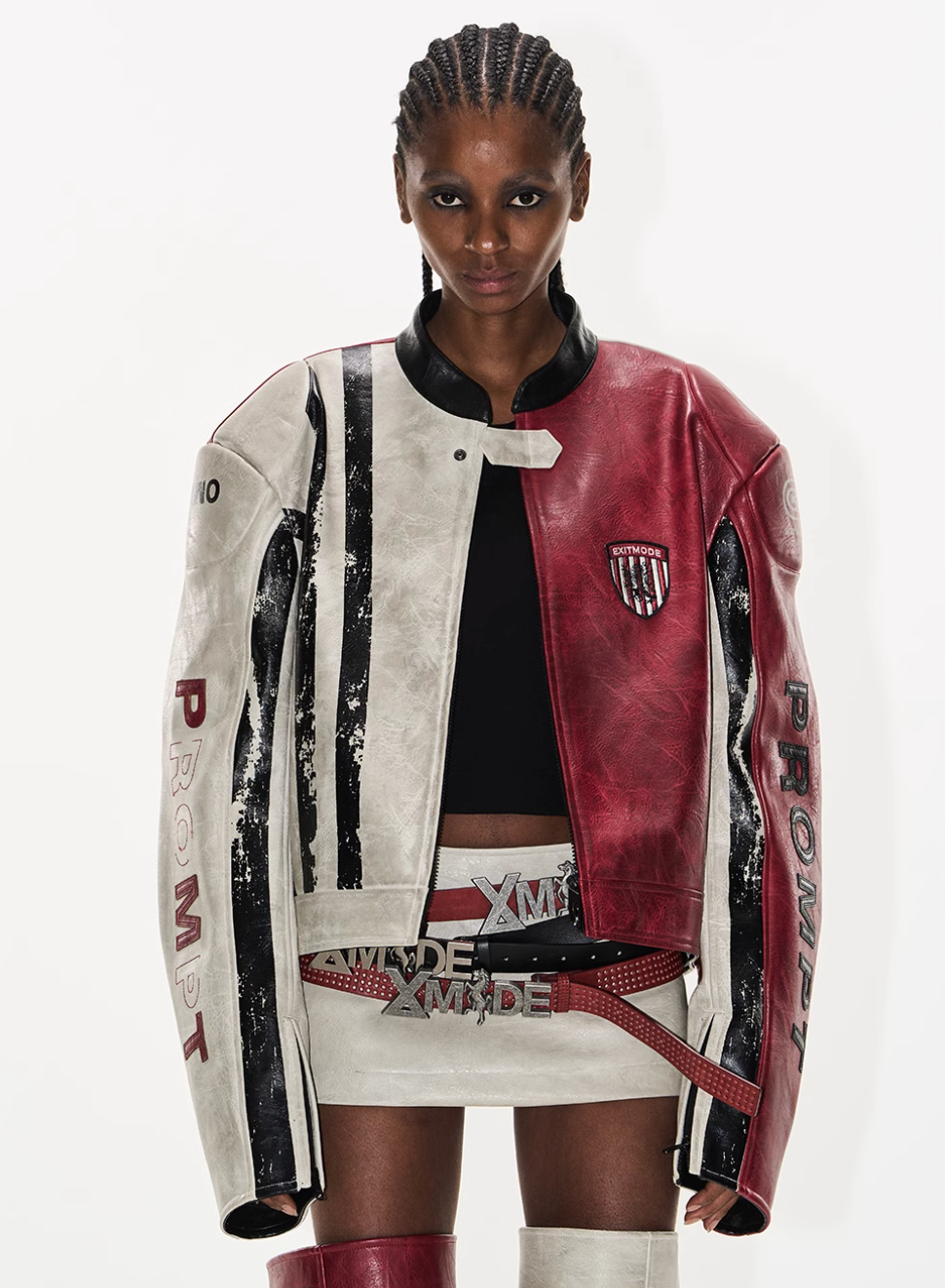 BLIND NO PLAN Distressed Leather Contrast Racing Jacket | Face 3 Face