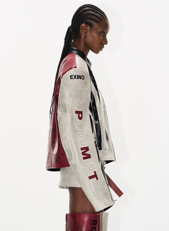 BLIND NO PLAN Distressed Leather Contrast Racing Jacket | Face 3 Face
