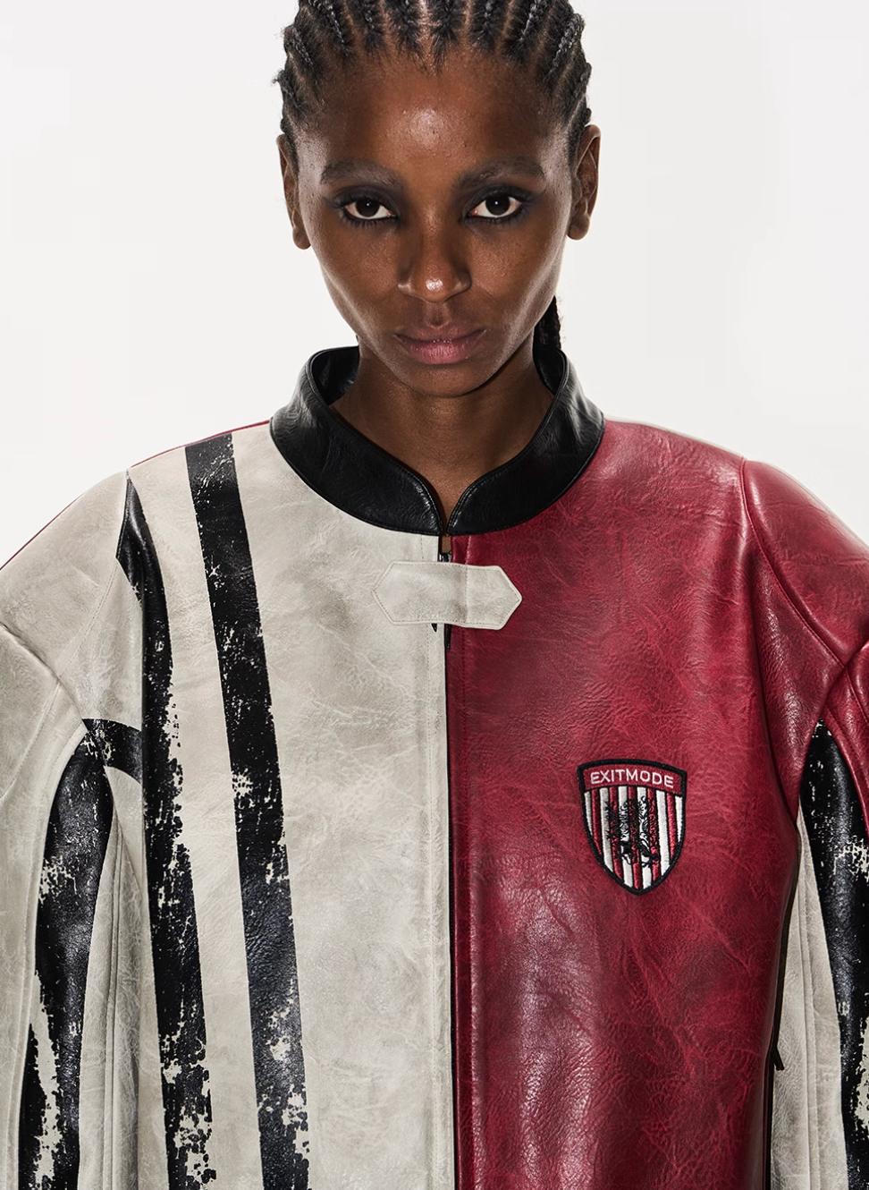 BLIND NO PLAN Distressed Leather Contrast Racing Jacket | Face 3 Face