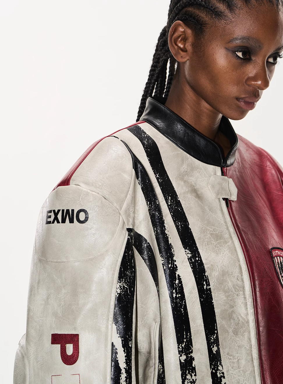 BLIND NO PLAN Distressed Leather Contrast Racing Jacket | Face 3 Face