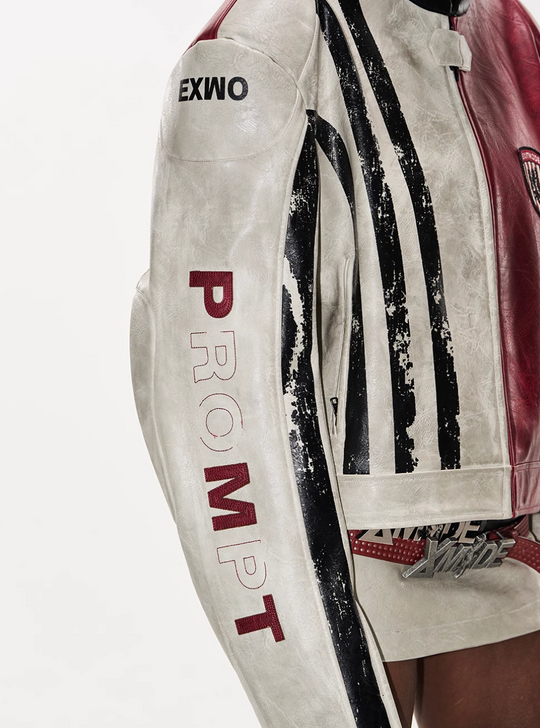 BLIND NO PLAN Distressed Leather Contrast Racing Jacket | Face 3 Face