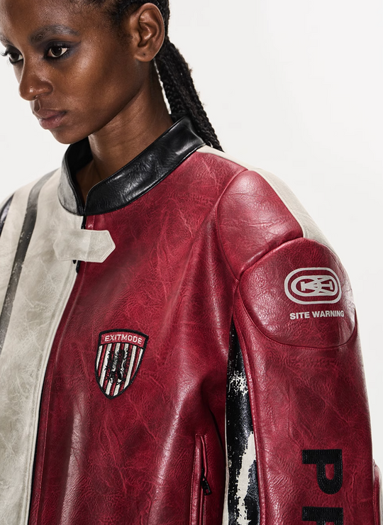 BLIND NO PLAN Distressed Leather Contrast Racing Jacket | Face 3 Face