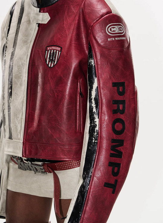 BLIND NO PLAN Distressed Leather Contrast Racing Jacket | Face 3 Face