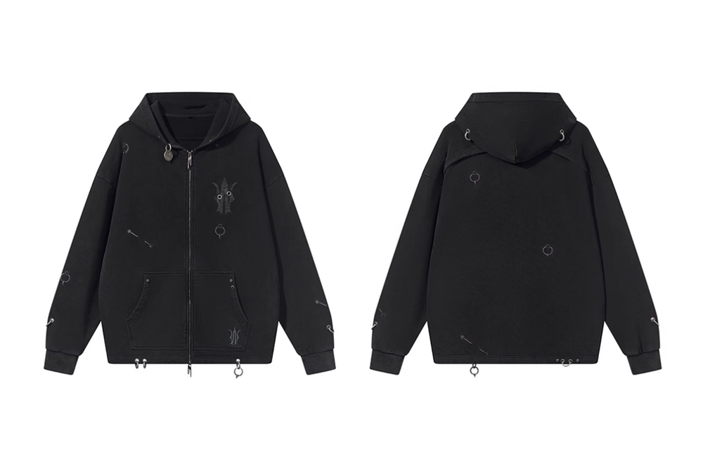 BLIND NO PLAN Washed Print Metal Detail Zip-Up Hoodie | Face 3 Face