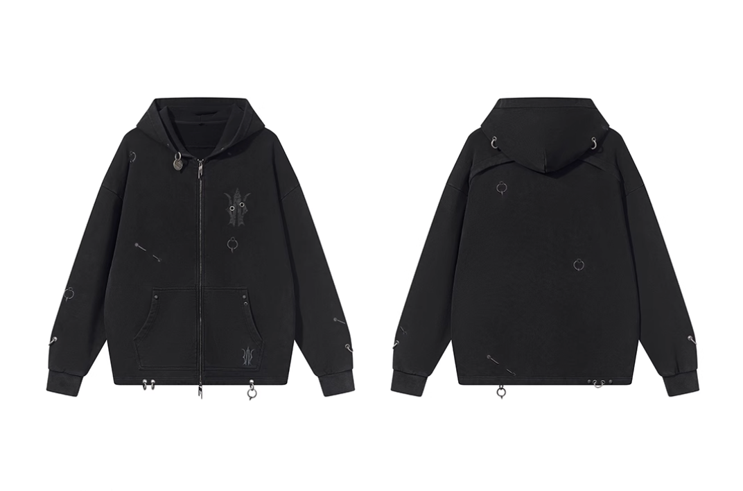 BLIND NO PLAN Washed Print Metal Detail Zip-Up Hoodie | Face 3 Face