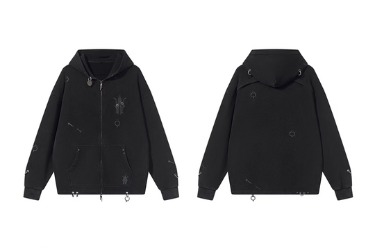 BLIND NO PLAN Washed Print Metal Detail Zip-Up Hoodie | Face 3 Face